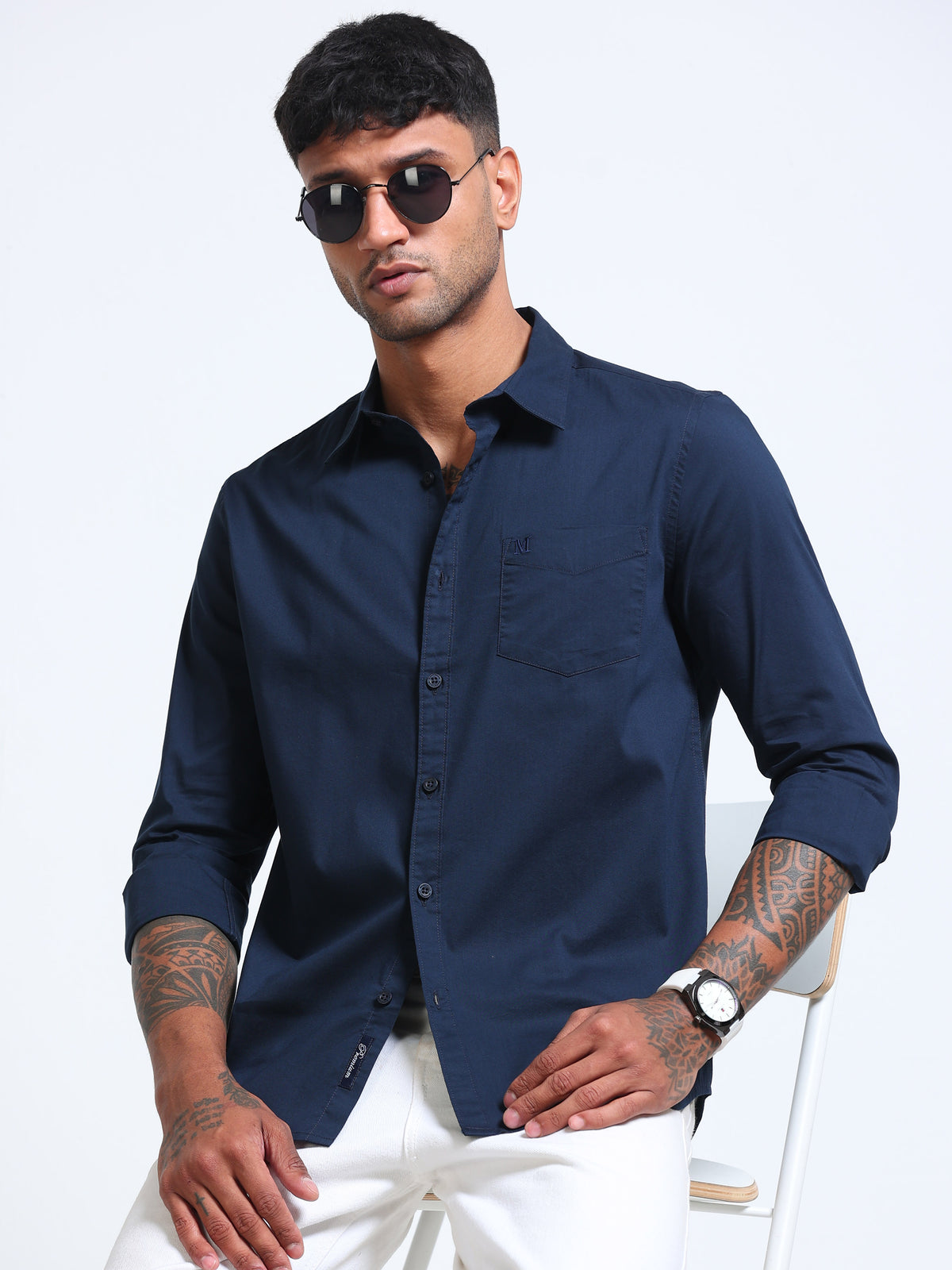 Navy Blue Popline Streach Shirt