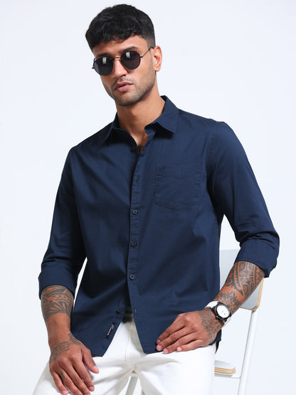 Navy Blue Popline Streach Shirt