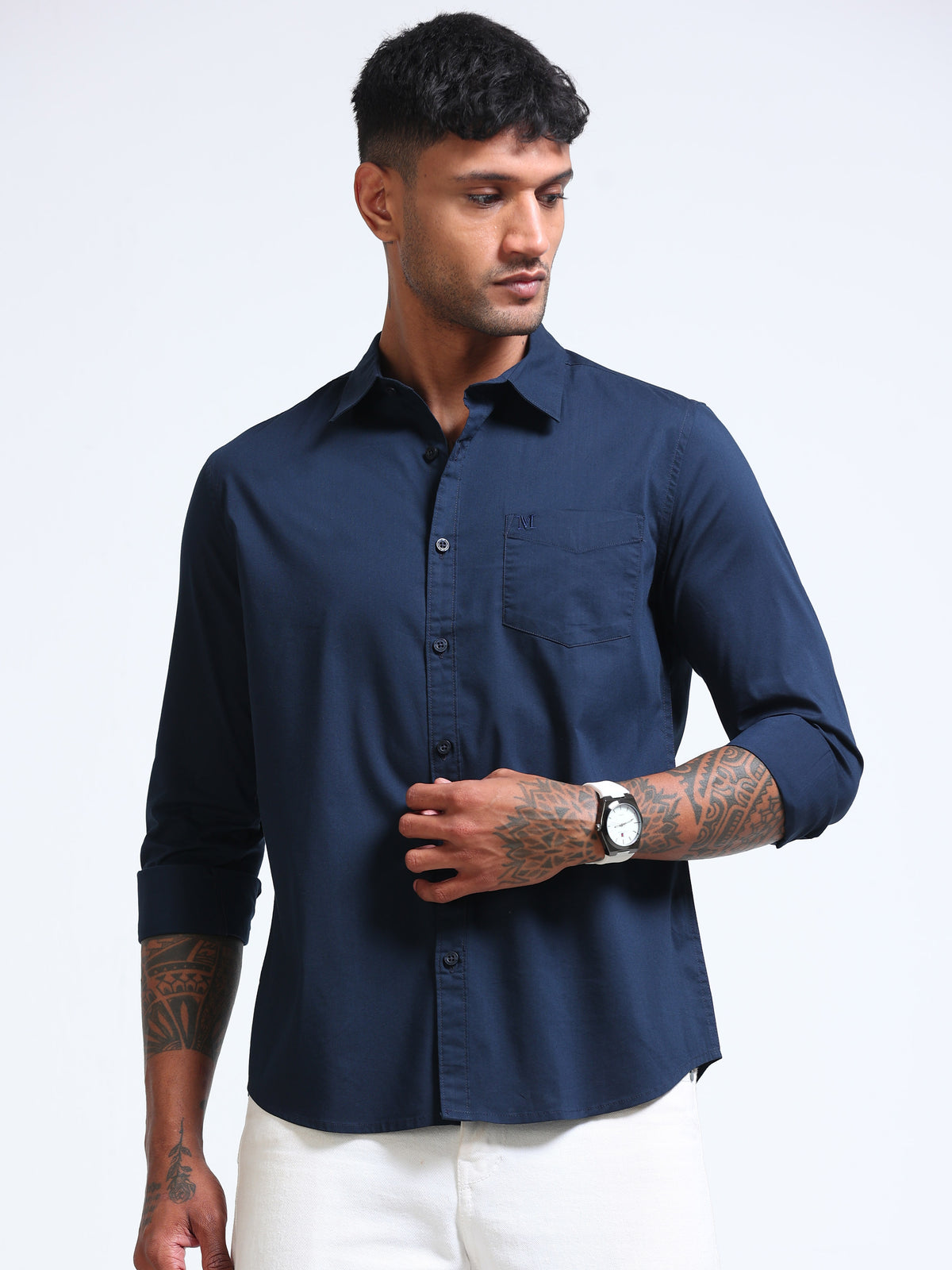 Navy Blue Popline Streach Shirt