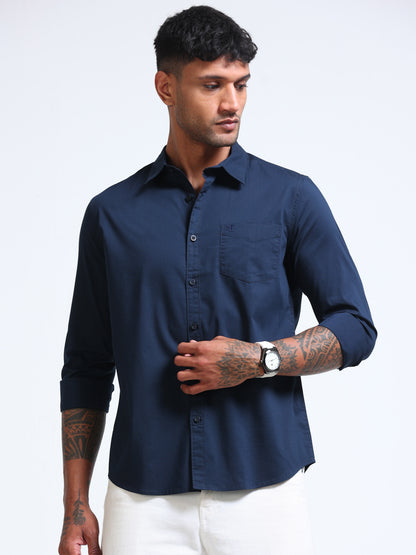 Navy Blue Popline Streach Shirt