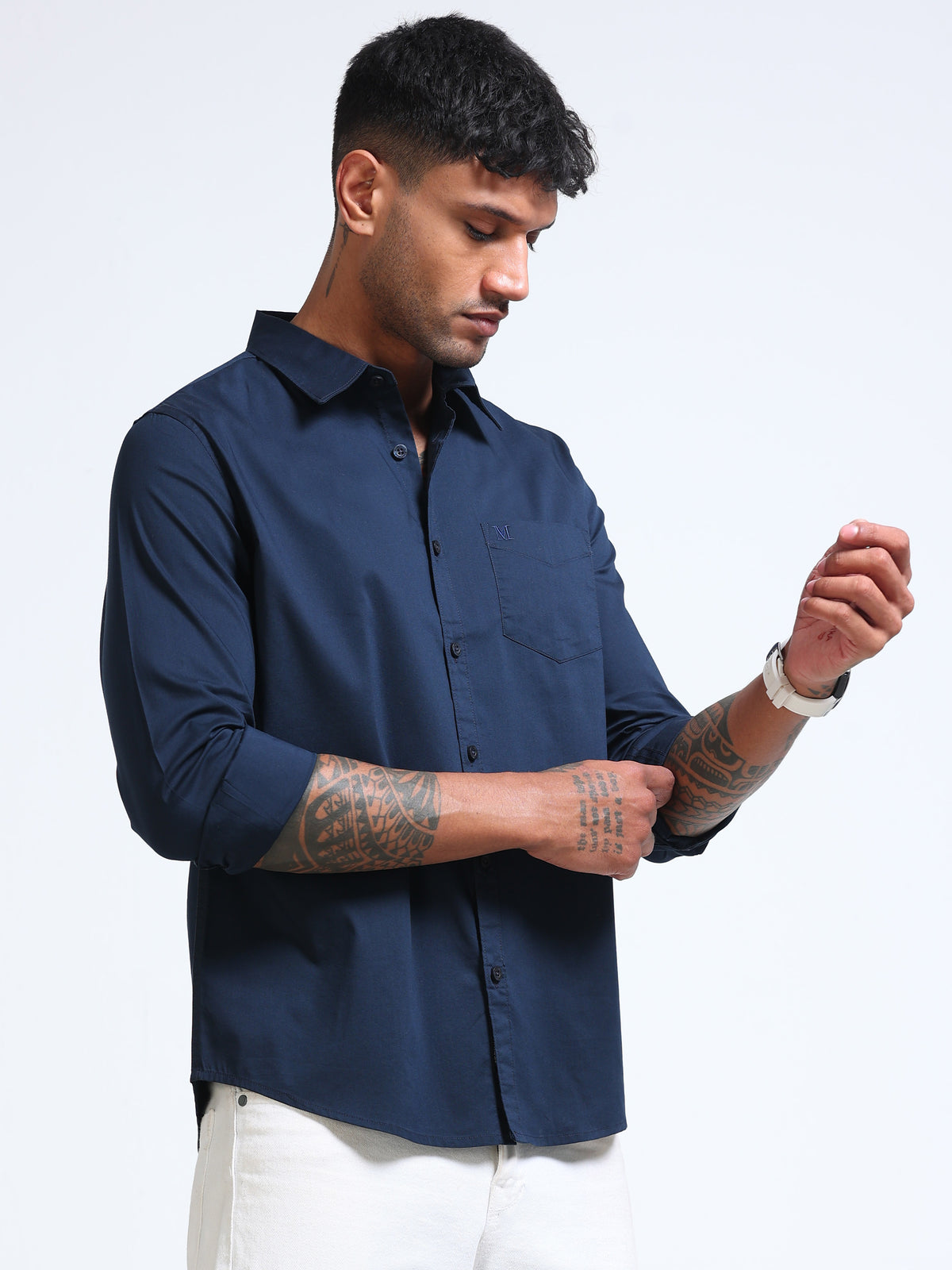Navy Blue Popline Streach Shirt