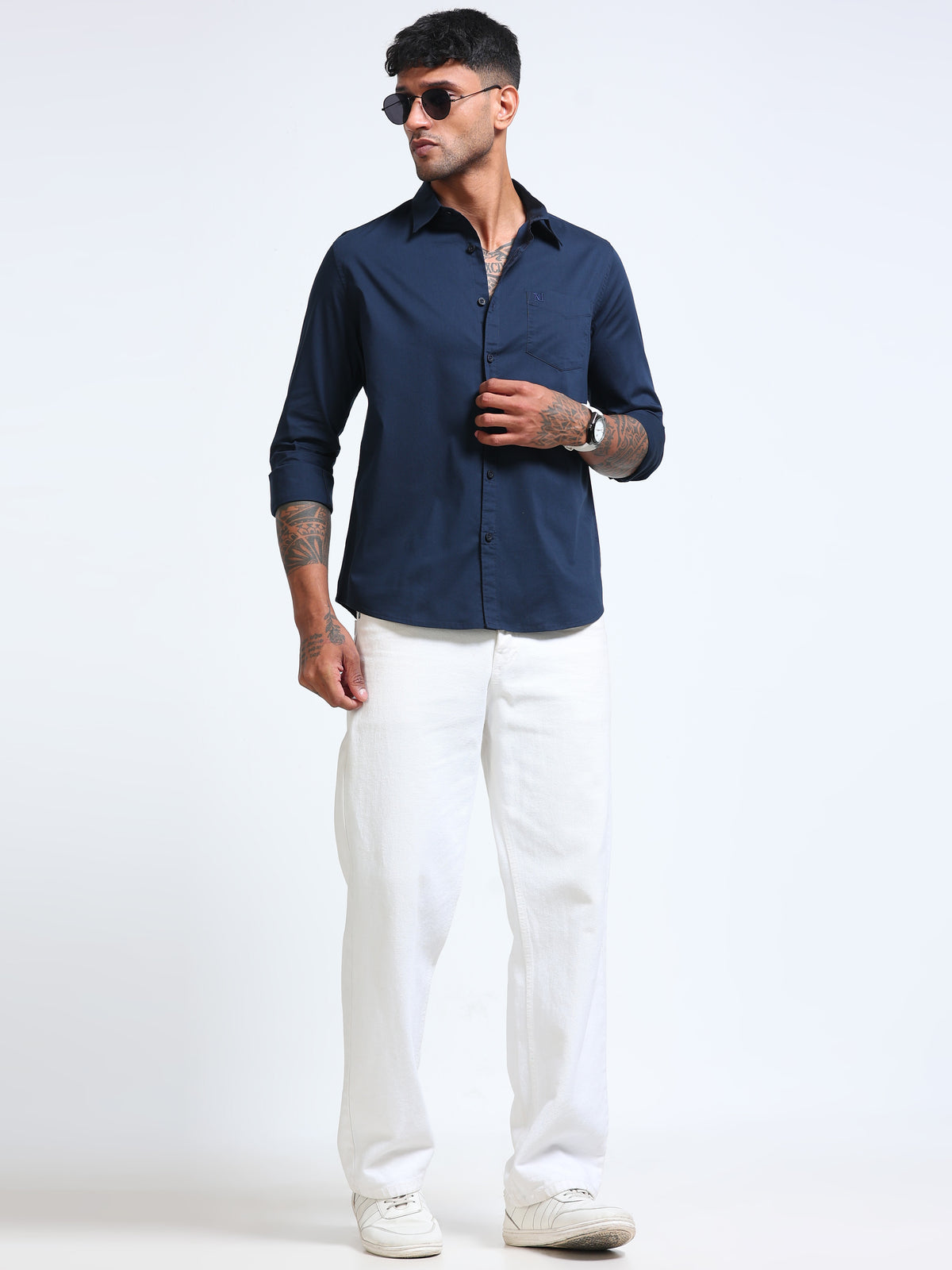 Navy Blue Popline Streach Shirt