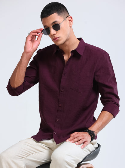 Burgendy Crinkled Cotton Linen Shirt
