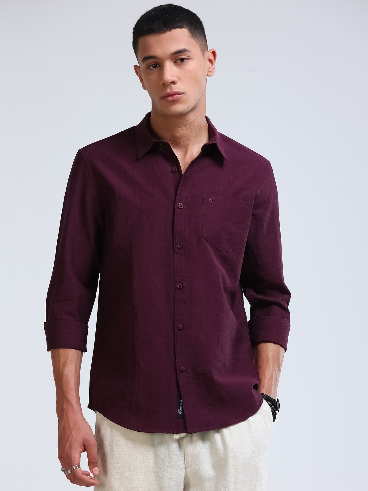 Burgendy Crinkled Cotton Linen Shirt