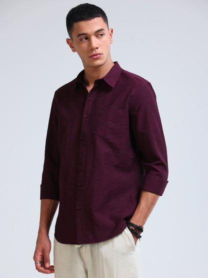 Burgendy Crinkled Cotton Linen Shirt