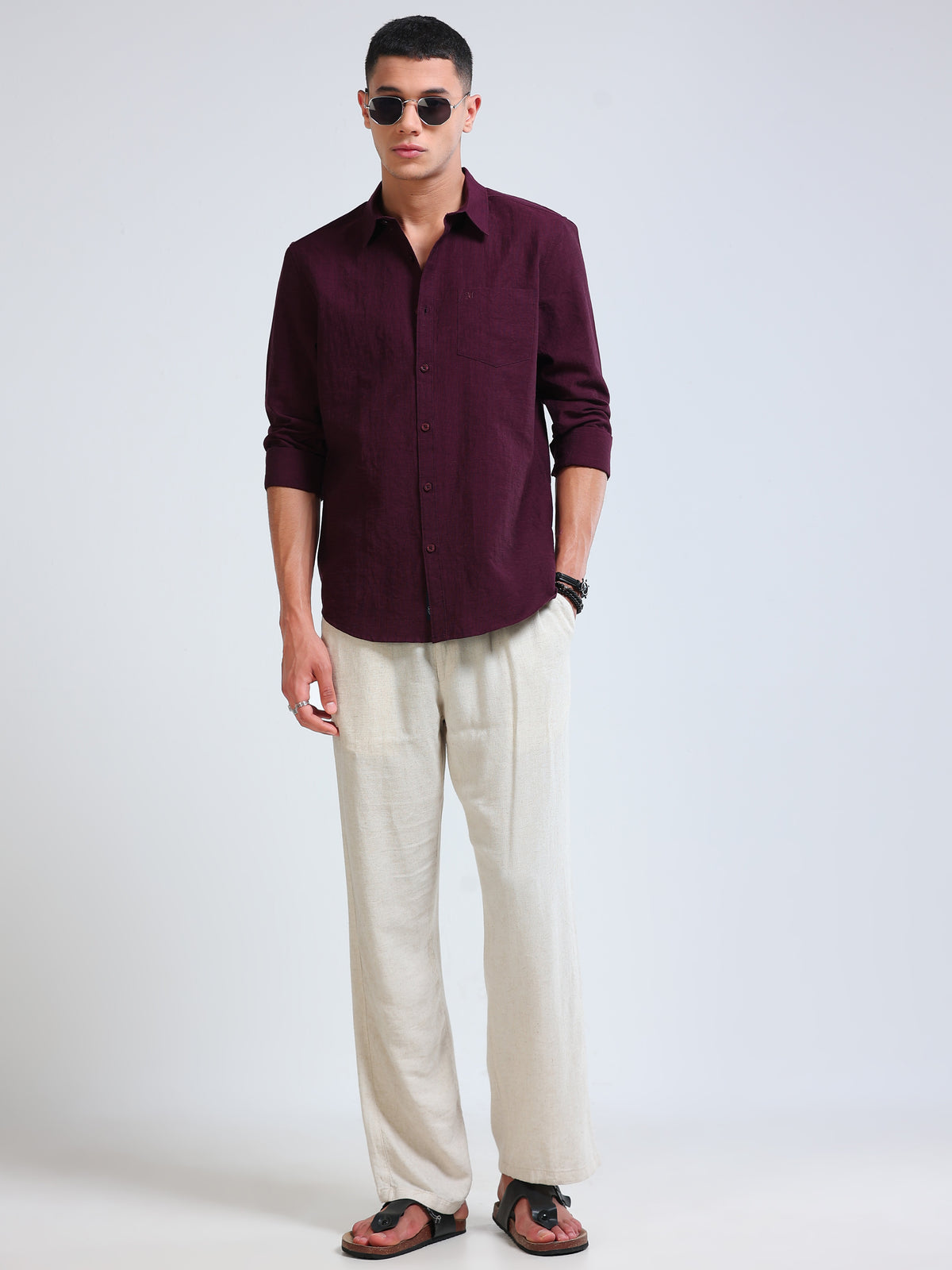 Burgendy Crinkled Cotton Linen Shirt