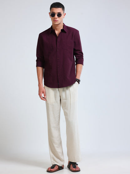 Burgendy Crinkled Cotton Linen Shirt