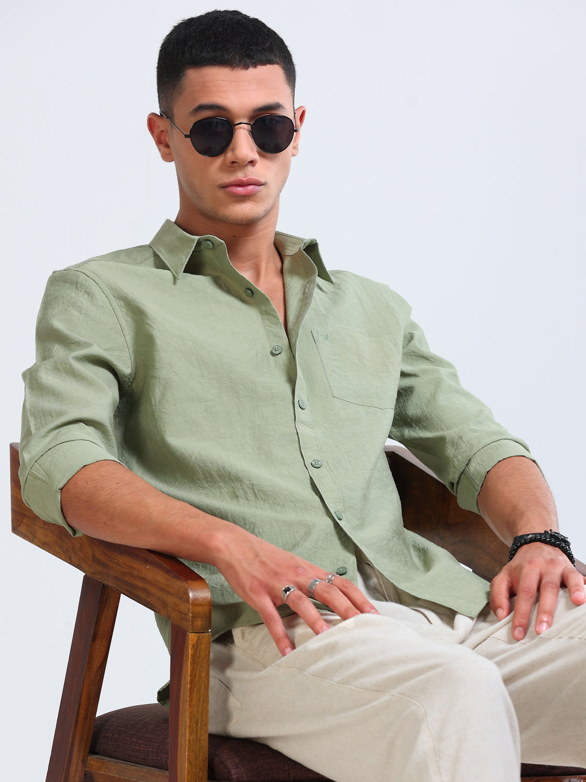 Sage Green Crinkled Cotton Linen Shirt