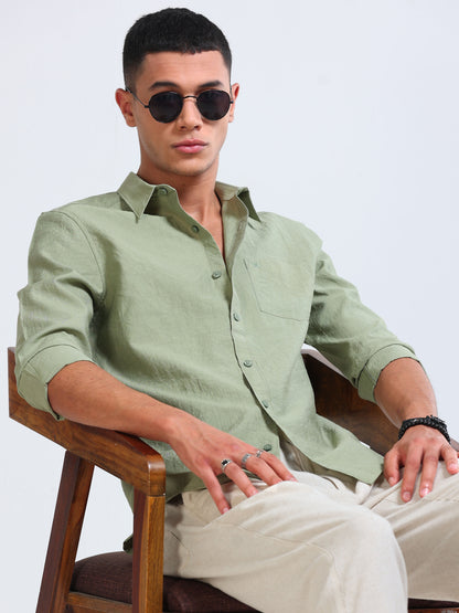 Sage Green Crinkled Cotton Linen Shirt