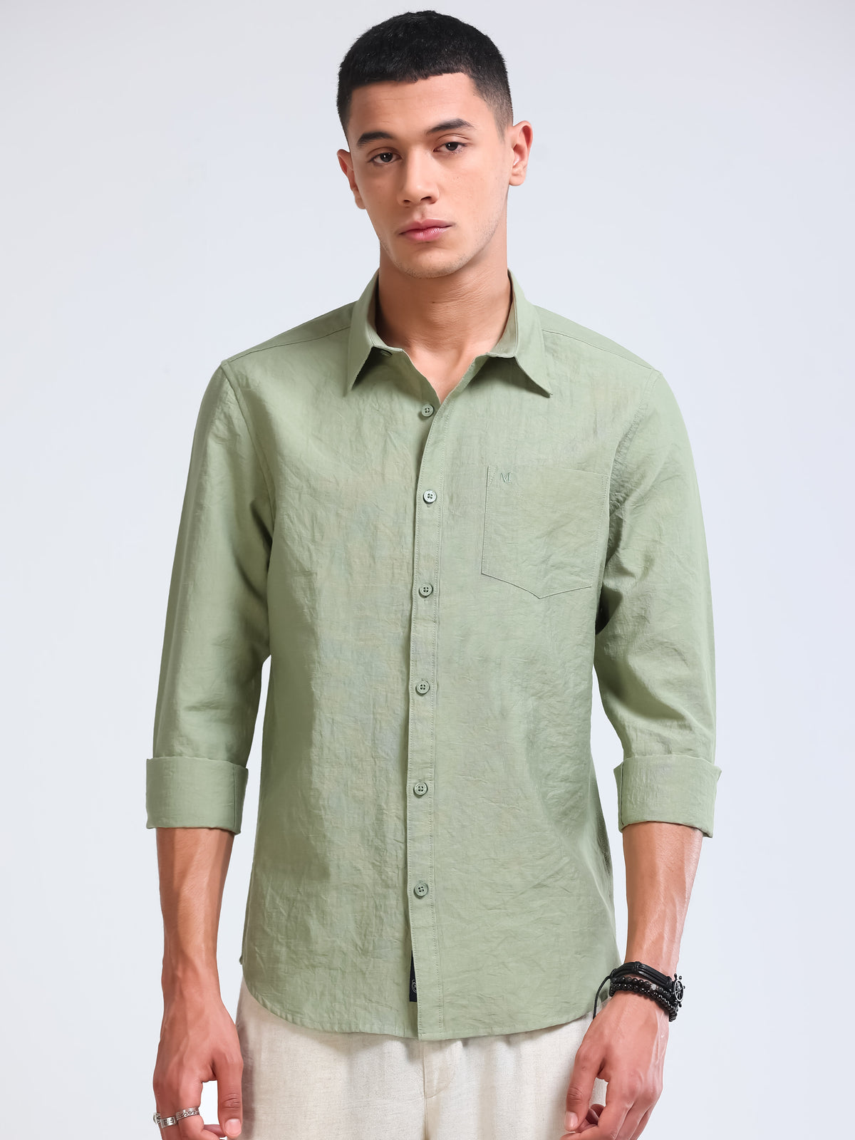 Sage Green Crinkled Cotton Linen Shirt