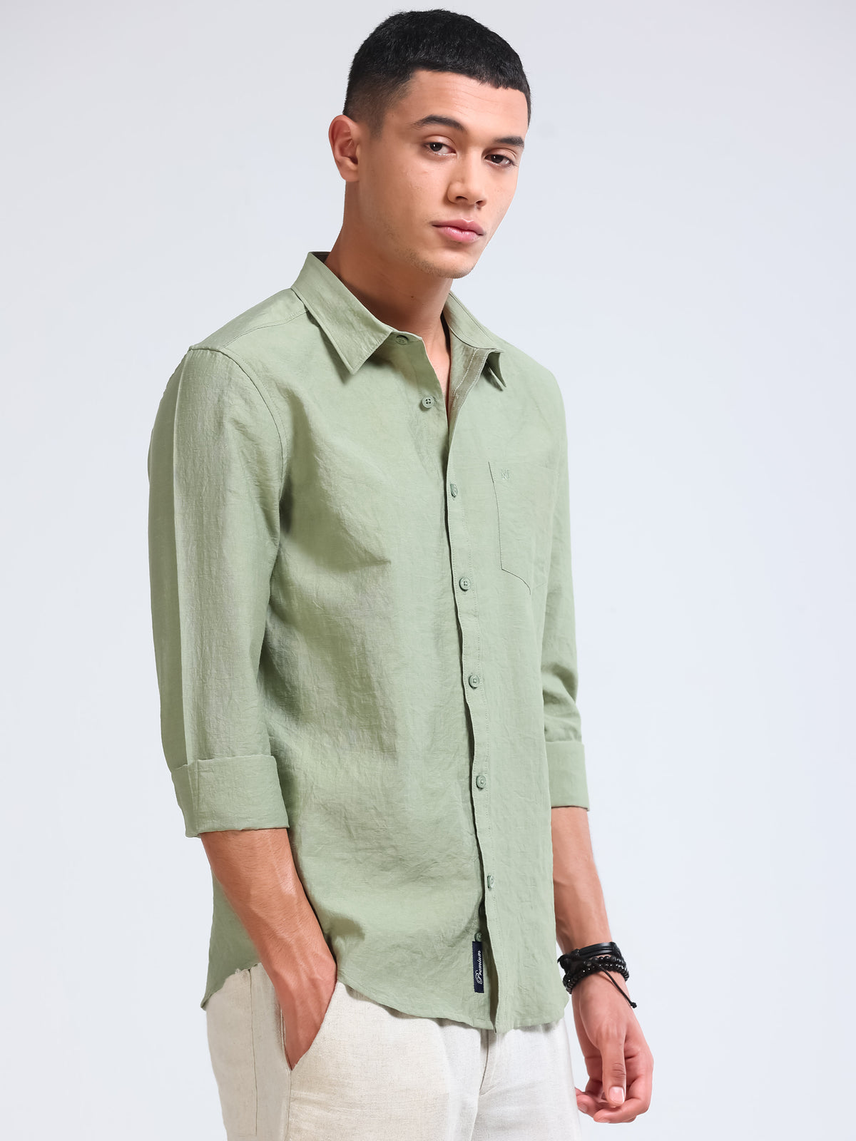 Sage Green Crinkled Cotton Linen Shirt