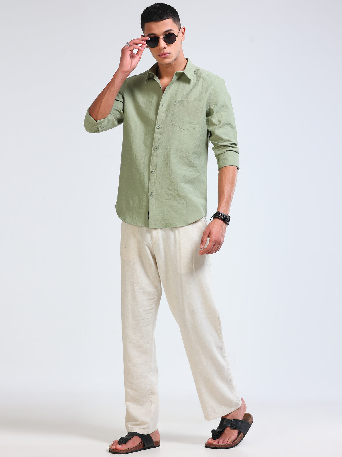 Sage Green Crinkled Cotton Linen Shirt