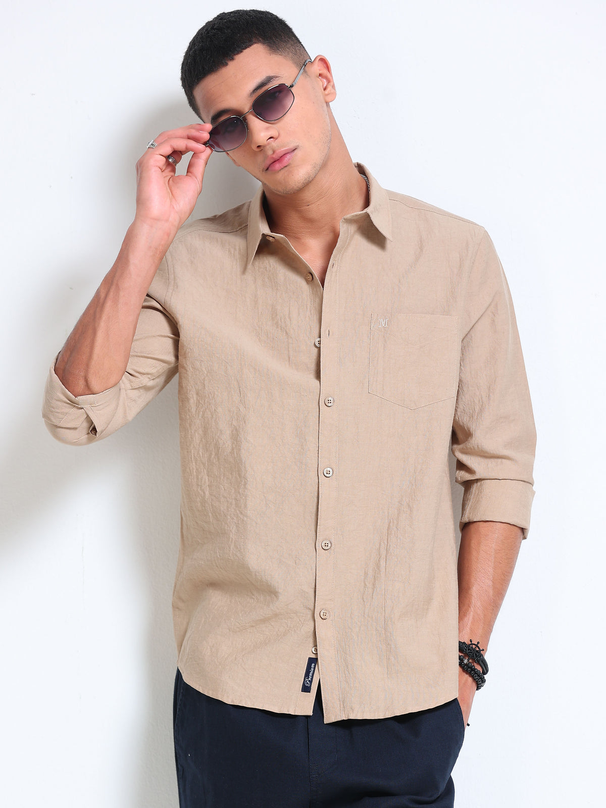 Beige Crinkled Cotton Linen Shirt