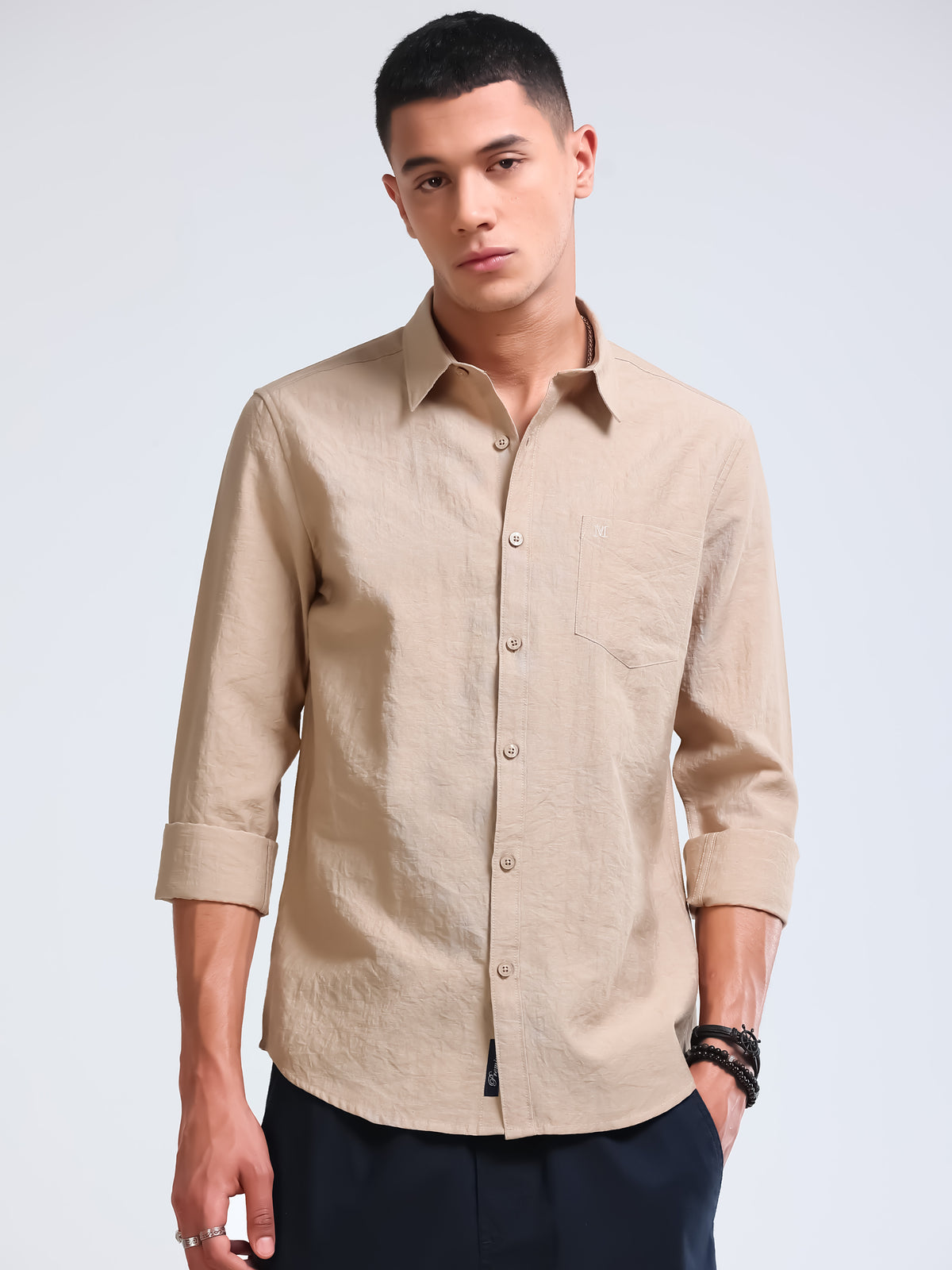 Beige Crinkled Cotton Linen Shirt