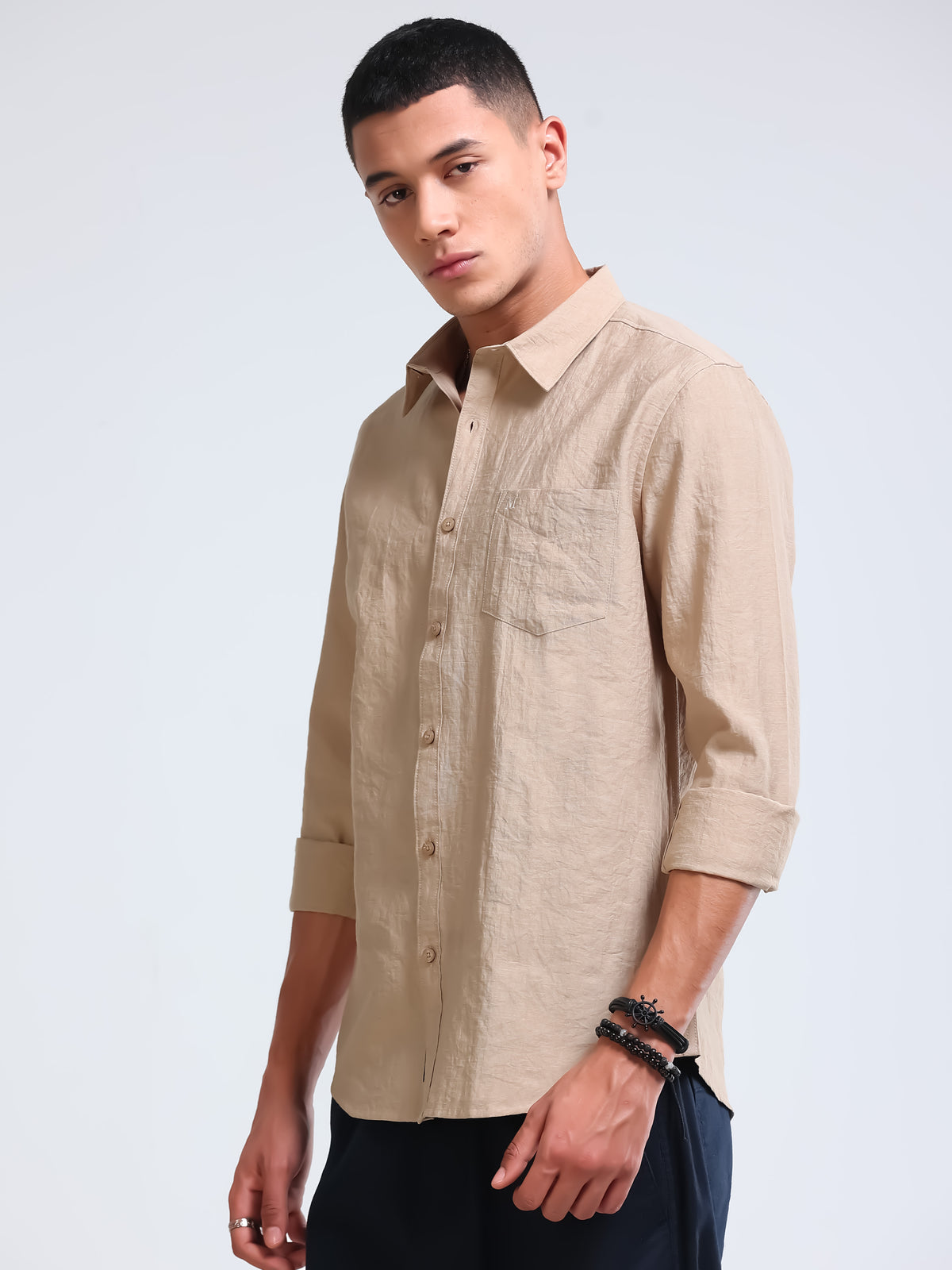 Beige Crinkled Cotton Linen Shirt