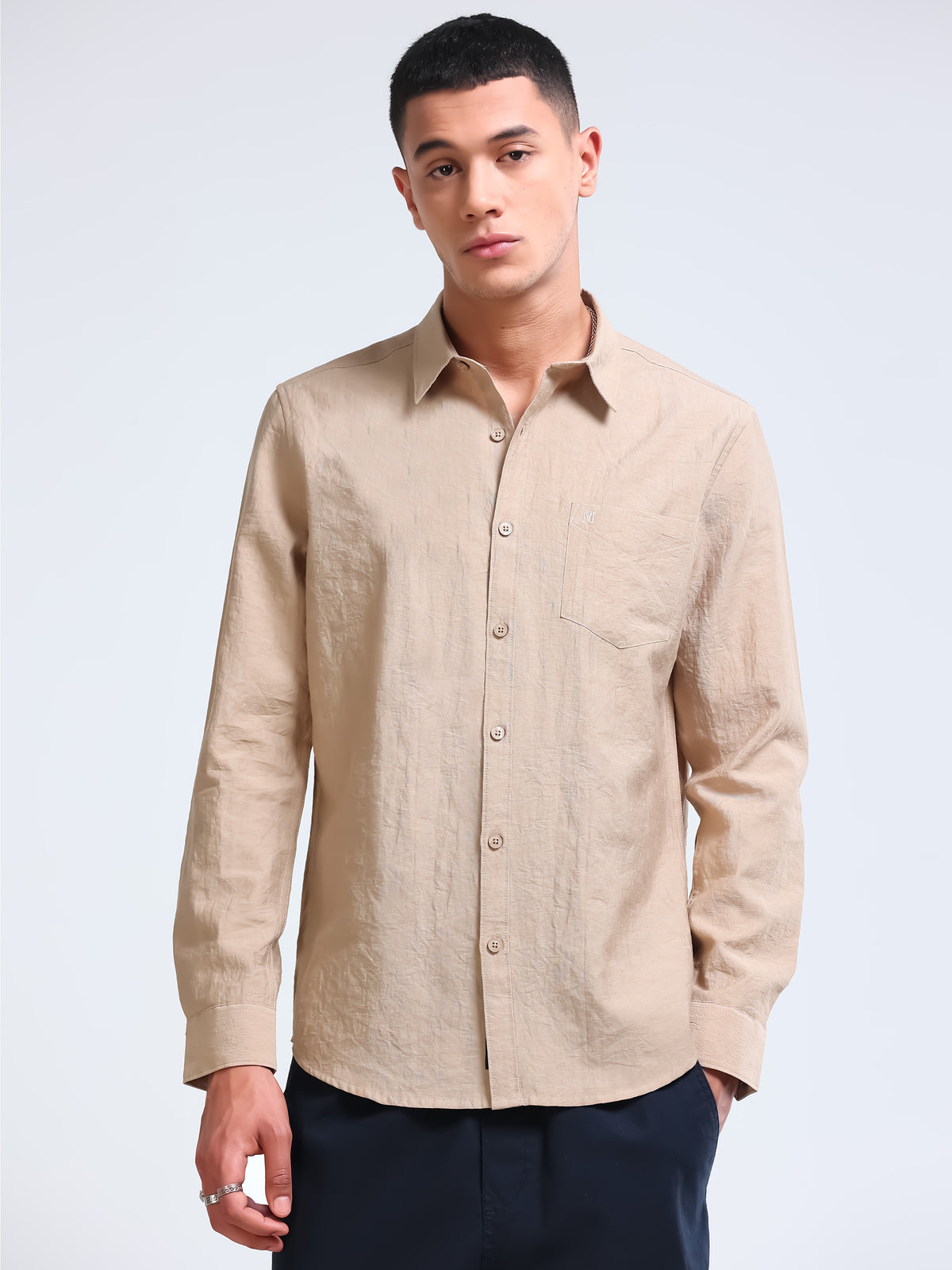 Beige Crinkled Cotton Linen Shirt