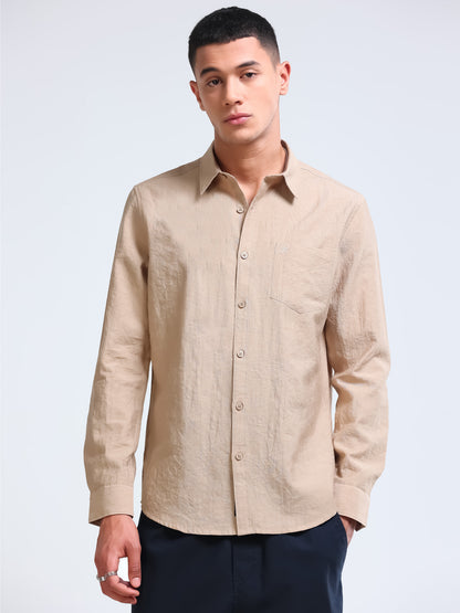 Beige Crinkled Cotton Linen Shirt