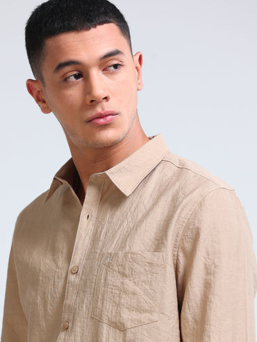 Beige Crinkled Cotton Linen Shirt