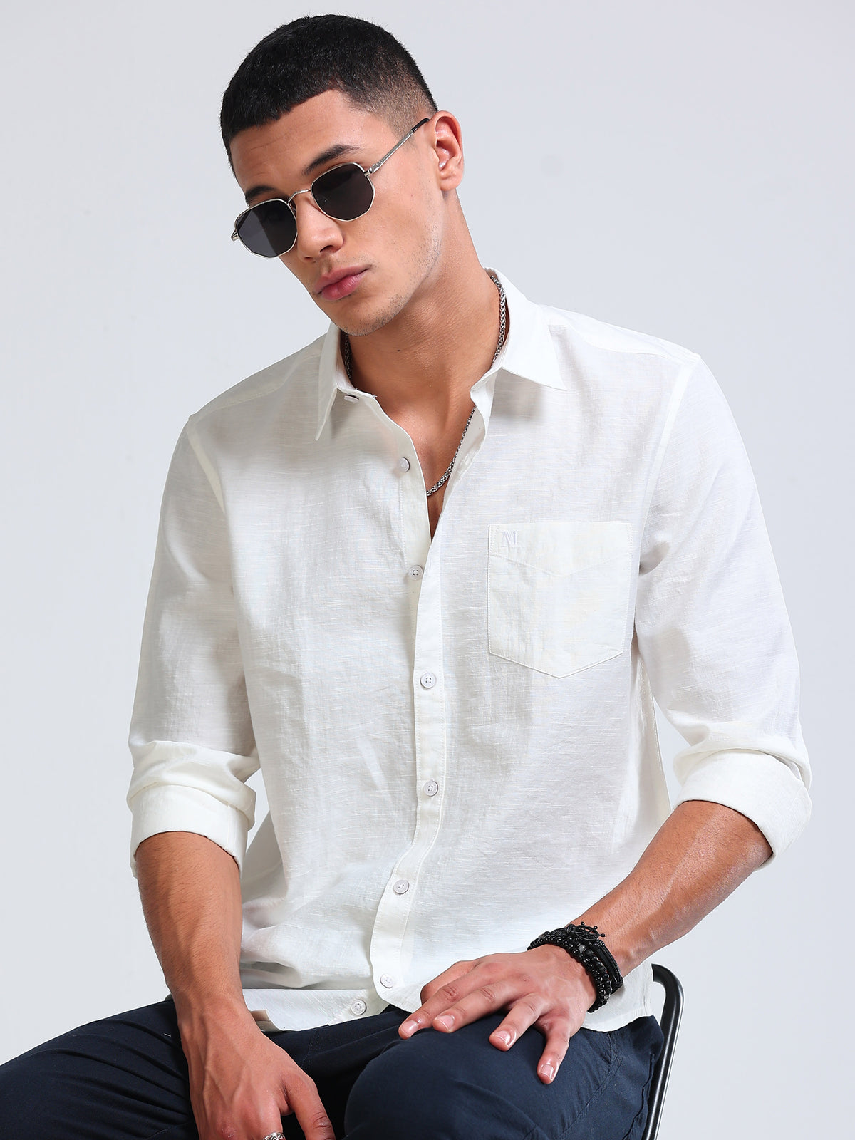 White Crinkled Cotton Linen Shirt