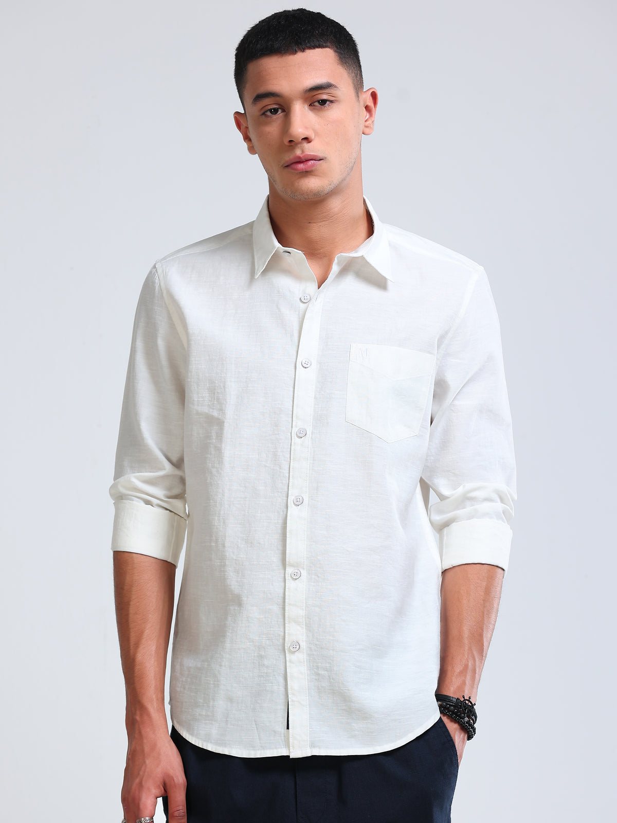 White Crinkled Cotton Linen Shirt