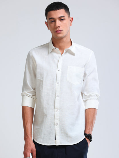White Crinkled Cotton Linen Shirt