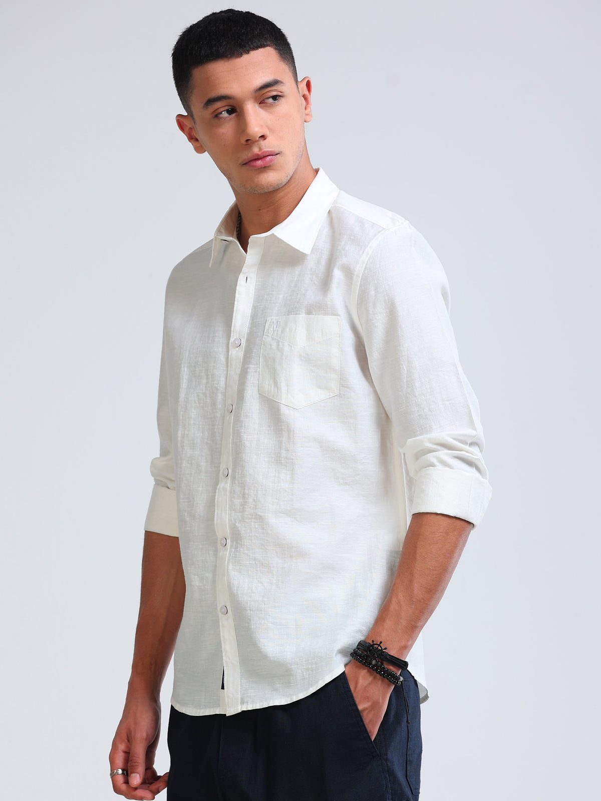 White Crinkled Cotton Linen Shirt