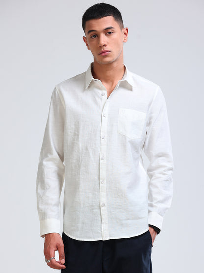 White Crinkled Cotton Linen Shirt