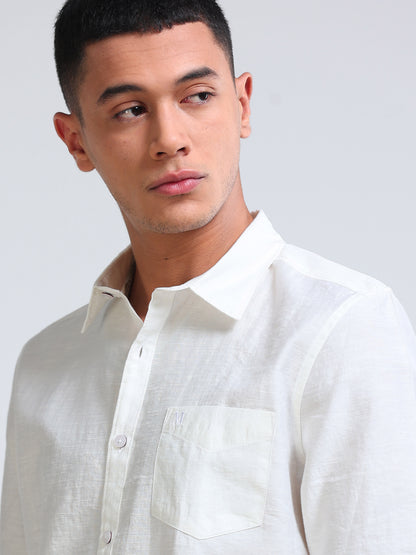 White Crinkled Cotton Linen Shirt